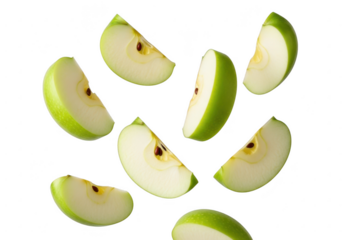 Fresh green apple slices falling against a dark background