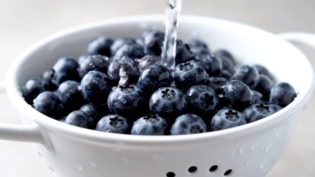 Close-up of fresh, dark blue blueberries getting rinsed with clear water in a colander