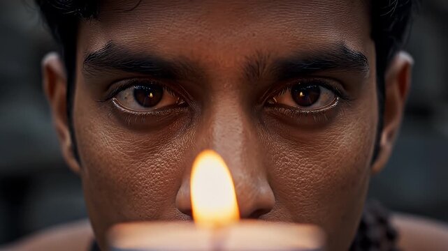 A close-up portrait of a young person with intense eyes looking directly at the camera, with a candle flame illuminating their face in a dark setting