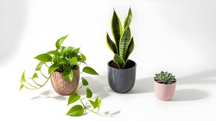 Fototapeta premium Elevate your indoor space with this charming collection of houseplants, featuring a golden pothos, snake plant, and succulent