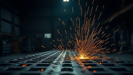 Dramatic industrial scene with fiery orange sparks rising against a dark workshop backdrop, intense lighting from above.