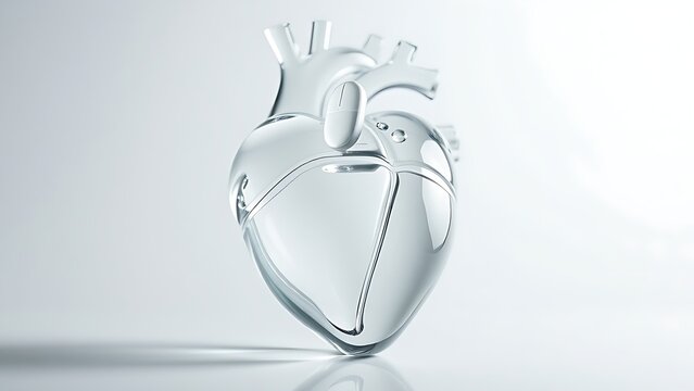 An abstract glass sculpture of a human heart, with a single statin pill balanced on its top.