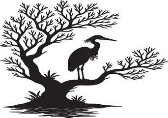 A serene black silhouette of a heron perched within a bare tree s branches