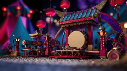 Fototapeta premium Colorful Traditional Asian Festival Scene with Oriental Drums and Lanterns in Vibrant Decorations for Cultural Celebrations