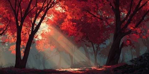 Brilliant red foliage illuminates a mysterious woodland scene with dramatic light rays filtering through the canopy