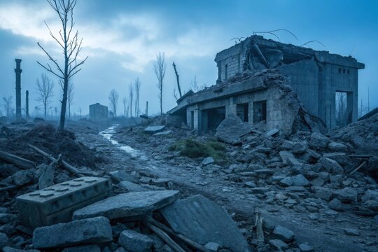 Grim aftermath of a collapsed bunker and surrounding ruins under a cloudy, desolate sky
