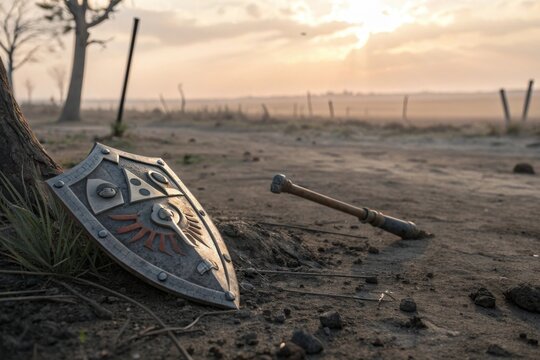Hylian Shield and Broken Sword Handle Abandoned on Gritty Soil at Sunset