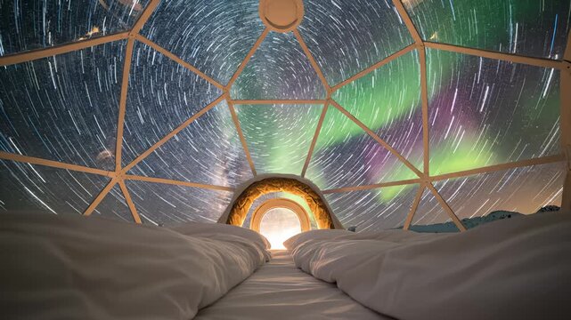 Timelapse of Aurora Borealis Visible From Interior of Dome Shelter