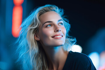 Close-up of a smiling woman under the neon lights of the night