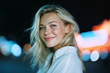 Close-up of a smiling woman under the neon lights of the night