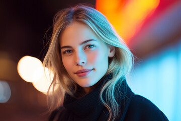 Close-up of a smiling woman under the neon lights of the night