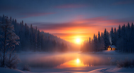 Serene Winter Sunset Over a Frozen Lake with a Cozy Cabin Illuminated by Warm Light