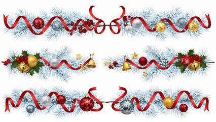Stunning collection of frosty white pine garlands accented with vibrant red ribbons and glittering holiday ornaments