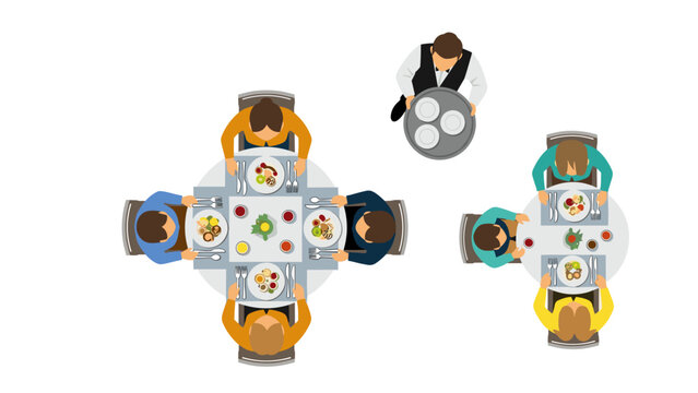 Top view restaurant dining people, waiters and bistro tables, outdoor terrace site plan assets