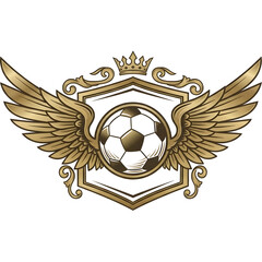 High-end soccer logo with wings and ball integrated into a luxurious vintage crest frame, metallic gold styling
