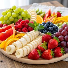 A colorful assortment of sliced fruits arranged beautifully on a round wooden platter, showcasing vibrant hues and healthy options.