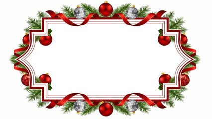 Elegant festive frame border design featuring vibrant red ribbons and shiny Christmas ornaments perfect for holiday announcements