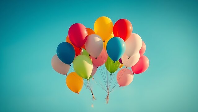 Colorful balloons floating against clear blue sky, retro color grading, soft bokeh.