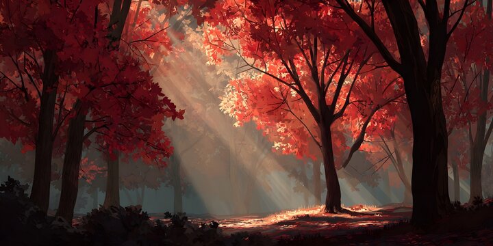 Sunlight streams through dense forest canopy adorned with vibrant red foliage - Powered by Adobe