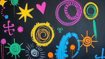Colorful chalk art on blackboard, abstract shapes and patterns, close-up view.