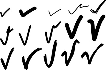 and drawn check mark vector collection. Rough marker sketch tick symbol set for business check list design element. Isolated on white background.