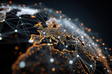 Exploration of abstract global business network connecting regions across Europe with vibrant digital connections and data exchange