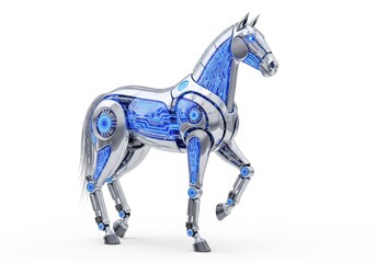A futuristic chrome horse with blue accents stands isolated on white background, showcasing its intricate robotic design and sleek appearance