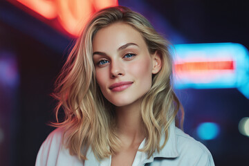 Close-up of a smiling woman under the neon lights of the night