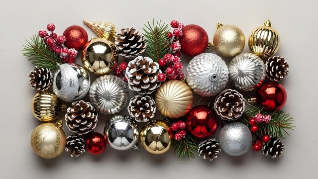 A dense, horizontal arrangement of sparkling Christmas ornaments in a traditional color palette of red, silver, and gold, interspersed with snow-dusted pine cones, red berries, and small evergreen spr