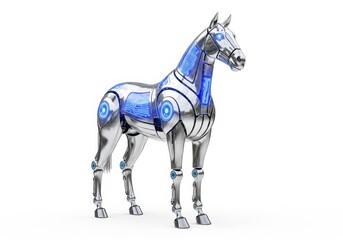 A futuristic robotic horse stands tall, its metallic body gleaming with blue accents, isolated on white background, showcasing advanced technology