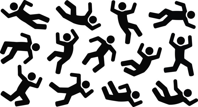 A collection of black stick figures depicting various falling, lying, and collapsed positions on a bright white surface