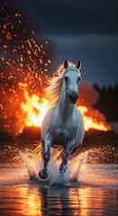A majestic white horse gallops through a fiery sunset, splashing water as it runs across a tranquil body of water.