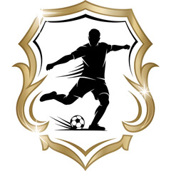 Premium soccer logo with dynamic player silhouette enclosed in an elegant crest frame with metallic gold edge
