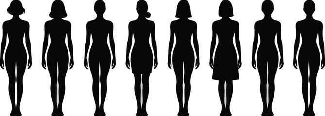 A row of eight black female body silhouettes showcasing various hairstyles and dress styles against a white backdrop