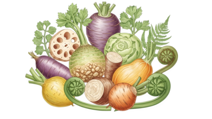 Watercolor illustration of various root vegetables and greens isolated on transparent background
