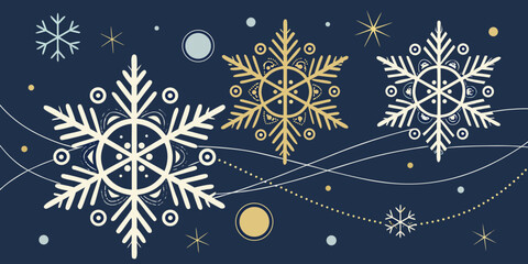 Merry Christmas and Happy New Year background with elegant snowflake border in modern flat line art style, perfect for festive vector greeting designs.