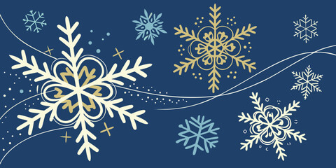 Modern festive background featuring a border of flat line art snowflakes around a Merry Christmas and Happy New Year greeting message.