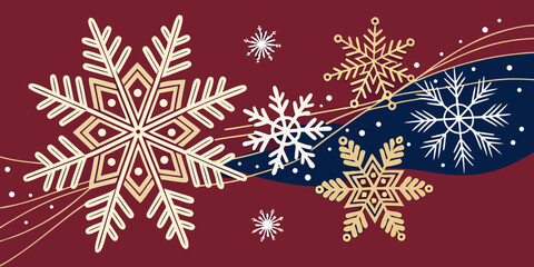 Merry Christmas and Happy New Year background with minimalist snowflake border in flat line art style for modern festive vector design projects.