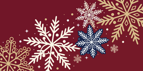 Simple modern snowflake border surrounding Merry Christmas and Happy New Year background, crafted in clean flat line art vector style for festive use.