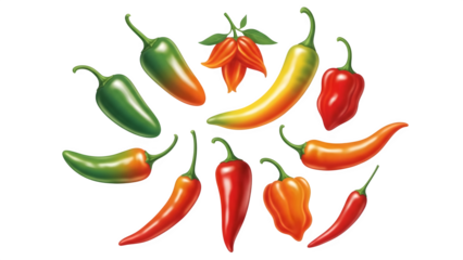 Variety of colorful chili peppers illustration isolated on transparent background