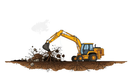 Bright yellow excavator digging soil rocks and tree roots heavy machinery illustration.