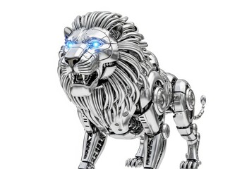 A majestic mechanical lion with glowing blue eyes, displaying advanced robotic engineering and a regal posture isolated on white background
