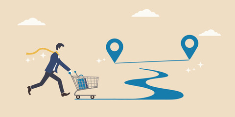 A businessman follows his shopping cart s shadow towards location pins