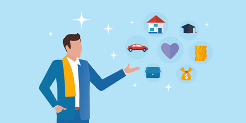 Man gesturing towards floating icons representing life priorities and financial well being