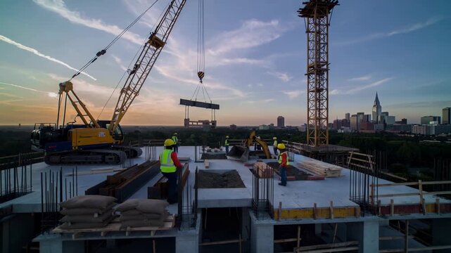 Heavy Lifting: Crane Installs Steel Beam on City Building Site