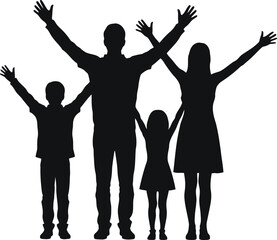 Fototapeta premium Family of four parents and two children raising their arms together in a moment of happiness
