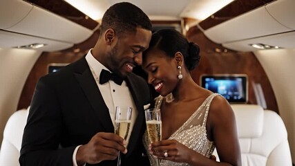 A formally dressed couple shares champagne inside a private jet, filled with smiles and joy