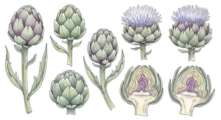 Fototapeta premium Group of edible thistles illustrated in various stages of growth and cross-section
