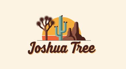 A stylized retro illustration of a desert landscape featuring a Joshua tree, saguaro cactus, and mountains with a setting sun, and the text "Joshua Tree".