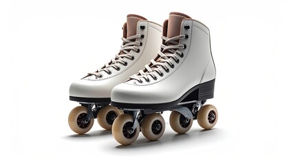 Cream roller skates; dark wheels and laces. Isolated